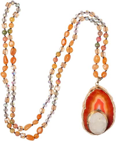 Boho Long Natural Stone Beads Pendant Necklace Crystal Hand Knotted Jewelry for Women in Saudi Arabia