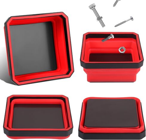 Collapsible Magnetic Trays, 4 Pack Foldable Silicone Magnetic Tool Trays for Small Metal Parts, Bolts, Screws, Nuts, Washers, with Double Sided Magnetic Base, 4.5in Square(Red) in Saudi Arabia