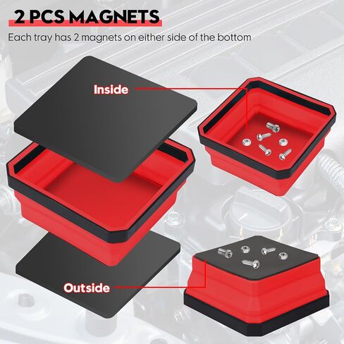 Collapsible Magnetic Trays, 4 Pack Foldable Silicone Magnetic Tool Trays for Small Metal Parts, Bolts, Screws, Nuts, Washers, with Double Sided Magnetic Base, 4.5in Square(Red) in Saudi Arabia