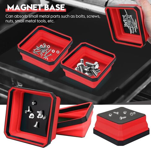 Collapsible Magnetic Trays, 4 Pack Foldable Silicone Magnetic Tool Trays for Small Metal Parts, Bolts, Screws, Nuts, Washers, with Double Sided Magnetic Base, 4.5in Square(Red) in Saudi Arabia