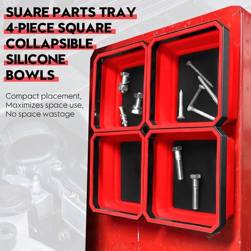 Collapsible Magnetic Trays, 4 Pack Foldable Silicone Magnetic Tool Trays for Small Metal Parts, Bolts, Screws, Nuts, Washers, with Double Sided Magnetic Base, 4.5in Square(Red) in Saudi Arabia