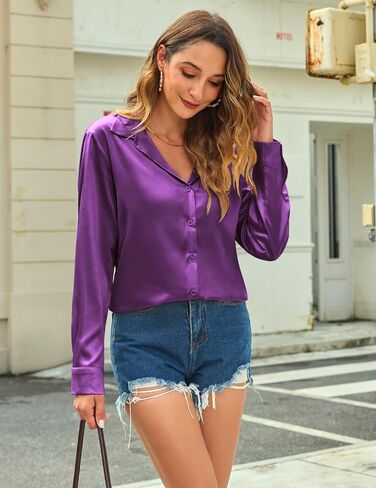 HOTOUCH Women's Satin Silk Shirts Button Down V Neck Casual Blouse Loose Long Sleeve Office Work Tops in Saudi Arabia