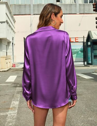 HOTOUCH Women's Satin Silk Shirts Button Down V Neck Casual Blouse Loose Long Sleeve Office Work Tops in Saudi Arabia