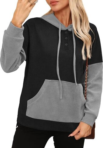 LILBETTER Womens Long Sleeve Pullover Hoodies Drawstring Sweatshirt Fall Knit Ribbed Tops with Pocket in Saudi Arabia