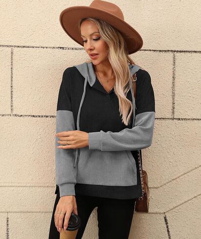 LILBETTER Womens Long Sleeve Pullover Hoodies Drawstring Sweatshirt Fall Knit Ribbed Tops with Pocket in Saudi Arabia