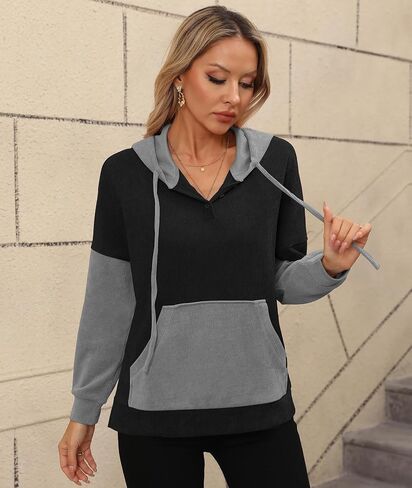 LILBETTER Womens Long Sleeve Pullover Hoodies Drawstring Sweatshirt Fall Knit Ribbed Tops with Pocket in Saudi Arabia