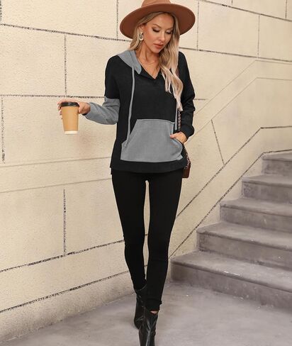 LILBETTER Womens Long Sleeve Pullover Hoodies Drawstring Sweatshirt Fall Knit Ribbed Tops with Pocket in Saudi Arabia