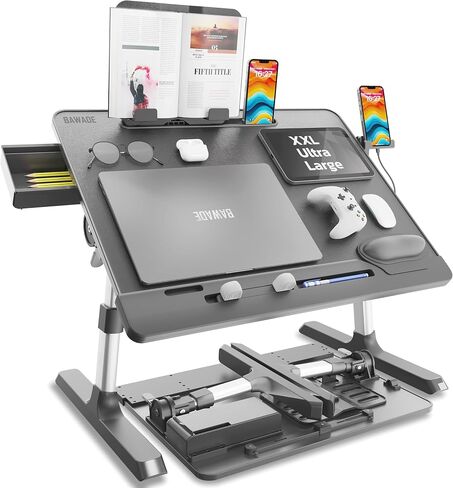 X-Large Adjustable Laptop Table for Bed, Desk for Laptop and Writing with Book Stand/Drawer/Wrist Cushion/Phone Holder, for Working, Study, Writing, Eating - Black in Saudi Arabia
