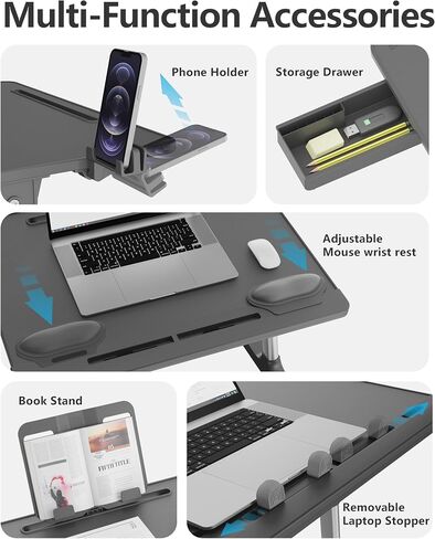 X-Large Adjustable Laptop Table for Bed, Desk for Laptop and Writing with Book Stand/Drawer/Wrist Cushion/Phone Holder, for Working, Study, Writing, Eating - Black in Saudi Arabia