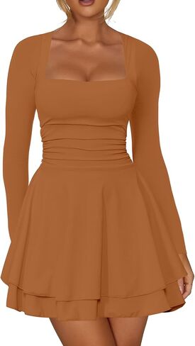 Kaximil Women's Square Neck Ruffle Hem Mini Dress Ruched Waist Long Sleeve Corset Short Party Dresses in Kuwait