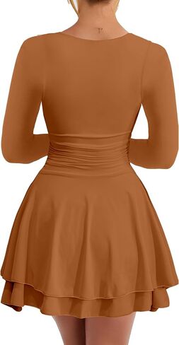 Kaximil Women's Square Neck Ruffle Hem Mini Dress Ruched Waist Long Sleeve Corset Short Party Dresses in Kuwait