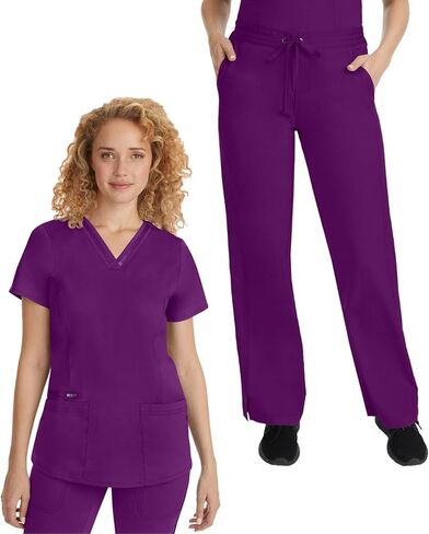 Healing Hands Scrub Set for Women with 5 Pockets, V-Neck Scrub Top 2278, and Taylor Pants 9095 with 2-Way Stretch Technology,Eggplant - L Top/L Petite Pant in Kuwait