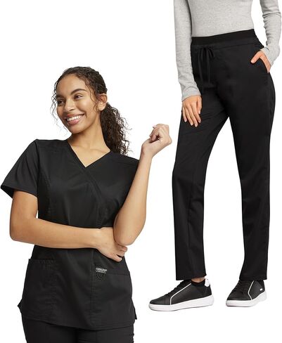 Cherokee Women's Scrub Set Mock Wrap Top with Princess Seams WW610 Mid Rise Tapered Leg Elastic Waist Drawstring Pant WW105, Black- M Top/M Pant in Saudi Arabia
