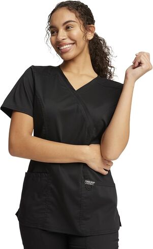 Cherokee Women's Scrub Set Mock Wrap Top with Princess Seams WW610 Mid Rise Tapered Leg Elastic Waist Drawstring Pant WW105, Black- M Top/M Pant in Saudi Arabia