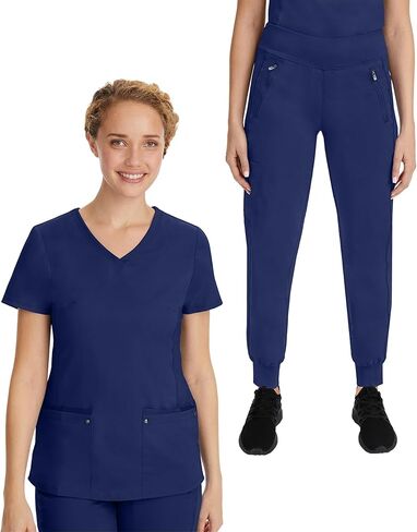 Healing Hands Scrub Set for Women Yoga Collection Juliet Top 2245 Juliet with Tara Scrub Pants 9233 with 2-Way Stretch Fabric, Navy - M Top/M Petite Pant in Kuwait
