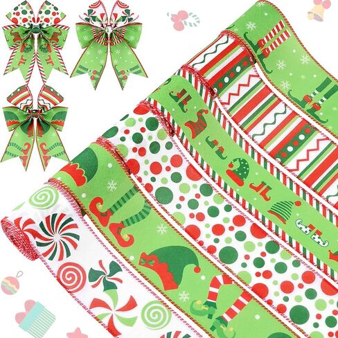 Honic 6 لفات 30 ياردة عيد الميلاد قزم السلكية حافة الشريط قزم القبعات الساقين متعددة النقاط المشارب دوامة قطري الشريط الزخرفية لتغليف الهدايا شجرة عيد الميلاد إكليل DIY الحرف اليدوية in Kuwait