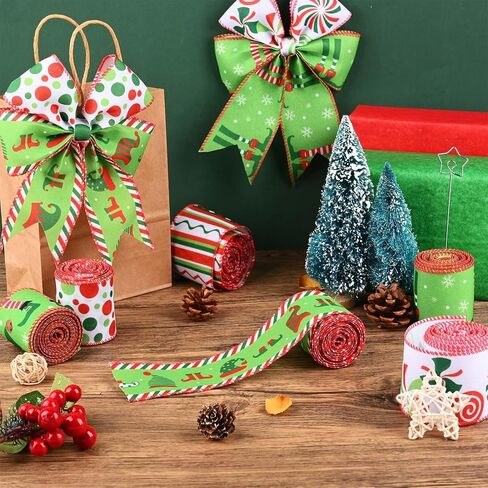 Honic 6 لفات 30 ياردة عيد الميلاد قزم السلكية حافة الشريط قزم القبعات الساقين متعددة النقاط المشارب دوامة قطري الشريط الزخرفية لتغليف الهدايا شجرة عيد الميلاد إكليل DIY الحرف اليدوية in Kuwait