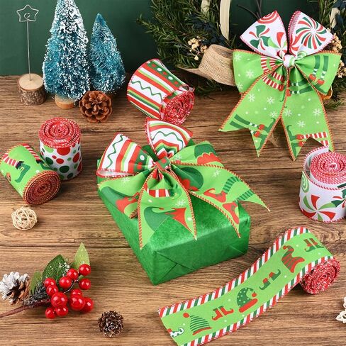 Honic 6 لفات 30 ياردة عيد الميلاد قزم السلكية حافة الشريط قزم القبعات الساقين متعددة النقاط المشارب دوامة قطري الشريط الزخرفية لتغليف الهدايا شجرة عيد الميلاد إكليل DIY الحرف اليدوية in Kuwait