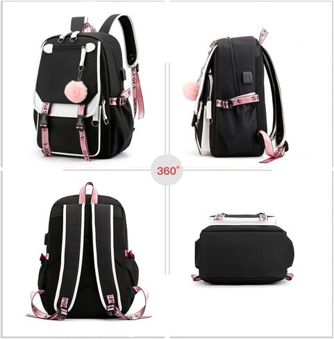 Teen Girls School Backpack with USB Port, Kids Black Backpack Lightweight Waterproof Can Hold 15.6 Laptop, Tablet.cute backpacks for high school Can Be Used As Gifts For Students Or Friends (Black) in Kuwait