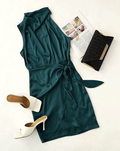 ZESICA Women's 2024 Fashion Satin Sleeveless Halter Neck Tie Waist Wrap Bodycon Cocktail Party Mini Dress in Saudi Arabia