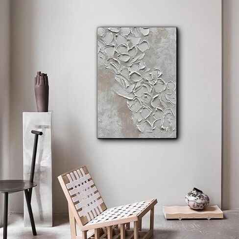 Eonzeun مجردة 3D أبيض سميك محكم جدار الفن، لوحة زيتية مرسومة باليد على قماش 28x40 بوصة، لوحات الحائط الحديثة الحد الأدنى لديكور جدار المنزل in Saudi Arabia