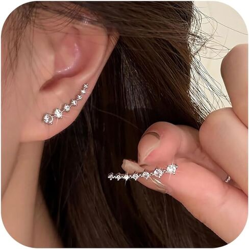 925 Sterling Silver 7 Crystals Ear Cuffs Hoop Climber Earring for Women, Cartilage Earrings with CZ Piercing Dainty Ear Crawler Earrings Mother's Day Graduation Birthday Jewelry Gift in Kuwait