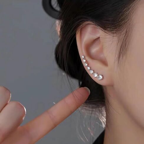 925 Sterling Silver 7 Crystals Ear Cuffs Hoop Climber Earring for Women, Cartilage Earrings with CZ Piercing Dainty Ear Crawler Earrings Mother's Day Graduation Birthday Jewelry Gift in Kuwait