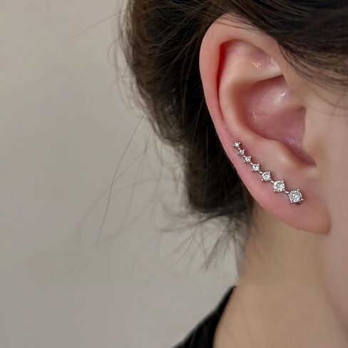 925 Sterling Silver 7 Crystals Ear Cuffs Hoop Climber Earring for Women, Cartilage Earrings with CZ Piercing Dainty Ear Crawler Earrings Mother's Day Graduation Birthday Jewelry Gift in Kuwait