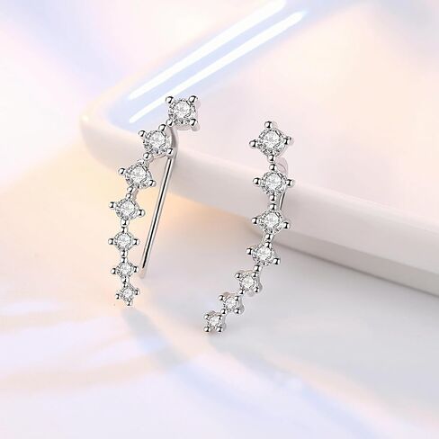 925 Sterling Silver 7 Crystals Ear Cuffs Hoop Climber Earring for Women, Cartilage Earrings with CZ Piercing Dainty Ear Crawler Earrings Mother's Day Graduation Birthday Jewelry Gift in Kuwait