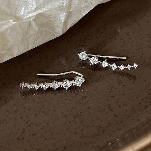 925 Sterling Silver 7 Crystals Ear Cuffs Hoop Climber Earring for Women, Cartilage Earrings with CZ Piercing Dainty Ear Crawler Earrings Mother's Day Graduation Birthday Jewelry Gift in Kuwait
