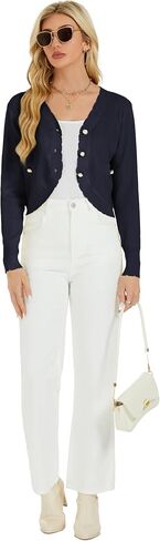 Women's Long Sleeve Shrug with Decorative White Buttons Up and Faux Pockets Cropped Bolero Cardigans in Kuwait