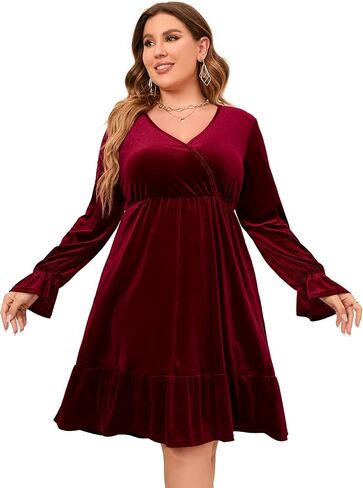 KOJOOIN Women's Plus Size Velvet Dress Wrap V Neck Swing Dress Long Sleeve Cocktail Party Dress Dark Green 2XL in Kuwait