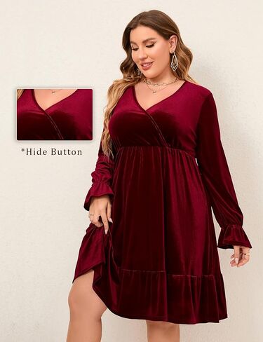 KOJOOIN Women's Plus Size Velvet Dress Wrap V Neck Swing Dress Long Sleeve Cocktail Party Dress Dark Green 2XL in Kuwait