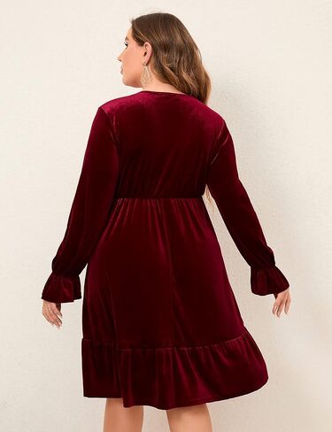 KOJOOIN Women's Plus Size Velvet Dress Wrap V Neck Swing Dress Long Sleeve Cocktail Party Dress Dark Green 2XL in Kuwait