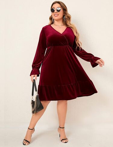 KOJOOIN Women's Plus Size Velvet Dress Wrap V Neck Swing Dress Long Sleeve Cocktail Party Dress Dark Green 2XL in Kuwait