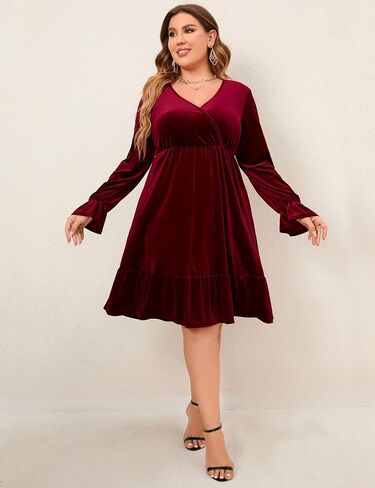 KOJOOIN Women's Plus Size Velvet Dress Wrap V Neck Swing Dress Long Sleeve Cocktail Party Dress Dark Green 2XL in Kuwait