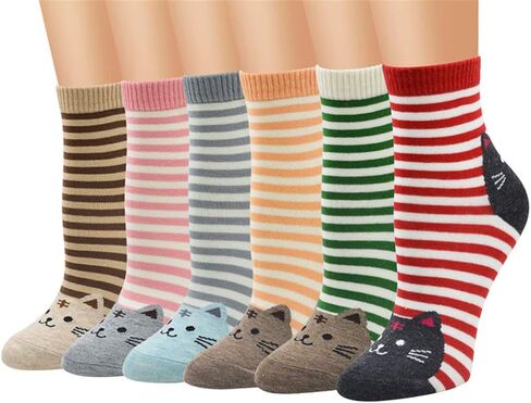 Womens Girls Stripe Cute Cat Cotton Soft Pattern Crew Ankle Socks in Saudi Arabia