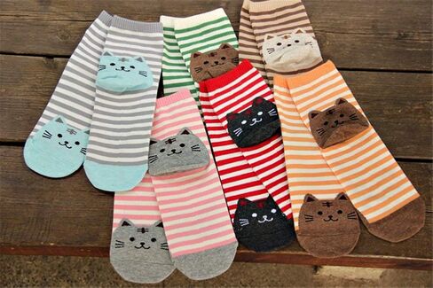 Womens Girls Stripe Cute Cat Cotton Soft Pattern Crew Ankle Socks in Saudi Arabia
