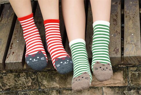 Womens Girls Stripe Cute Cat Cotton Soft Pattern Crew Ankle Socks in Saudi Arabia