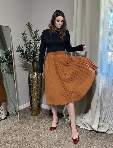 Women's Midi Skirt Elastic High Waist Pleated Skirt Knee Length Swing A-Line Casual Flowy Skirts 2024 in Saudi Arabia