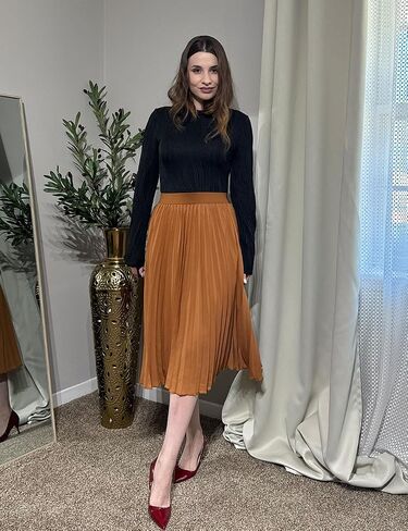 Women's Midi Skirt Elastic High Waist Pleated Skirt Knee Length Swing A-Line Casual Flowy Skirts 2024 in Saudi Arabia