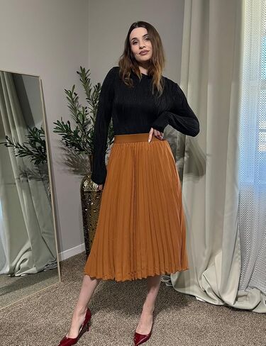 Women's Midi Skirt Elastic High Waist Pleated Skirt Knee Length Swing A-Line Casual Flowy Skirts 2024 in Saudi Arabia