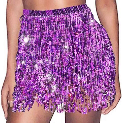Tassel Sequin Skirt Sparkle Hip Scarf Belly Dance Skirts Boho Rave Costume Party Accessories for Women and Girls in Kuwait