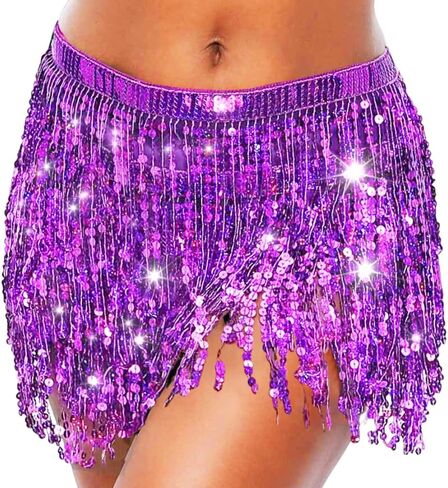 Tassel Sequin Skirt Sparkle Hip Scarf Belly Dance Skirts Boho Rave Costume Party Accessories for Women and Girls in Kuwait