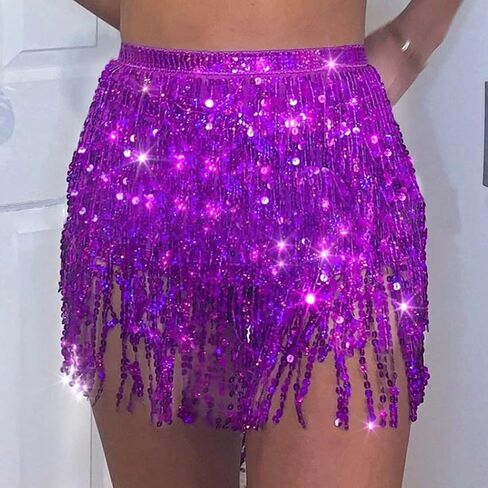 Tassel Sequin Skirt Sparkle Hip Scarf Belly Dance Skirts Boho Rave Costume Party Accessories for Women and Girls in Kuwait