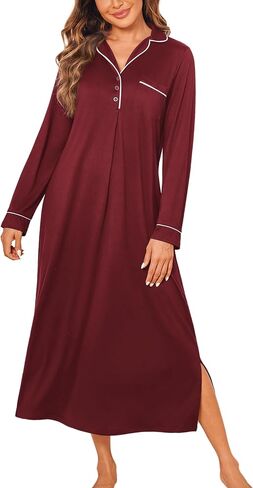 Ekouaer Nightgowns for Women Long Sleeves Nightgown Soft Sleepwear Button V Neck Sleepshirt Long Nightgown S-XXL in Kuwait