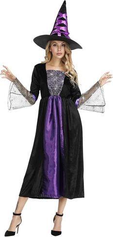 Womens Wicked Witch Costume Long Sorceress Classic Dress with Hat Fancy Party Dress Up Cosplay Costumes in Saudi Arabia