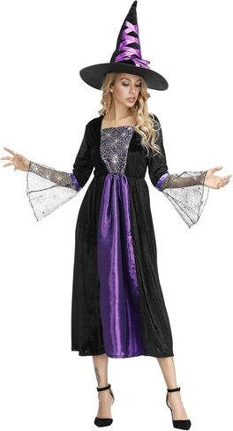 Womens Wicked Witch Costume Long Sorceress Classic Dress with Hat Fancy Party Dress Up Cosplay Costumes in Saudi Arabia