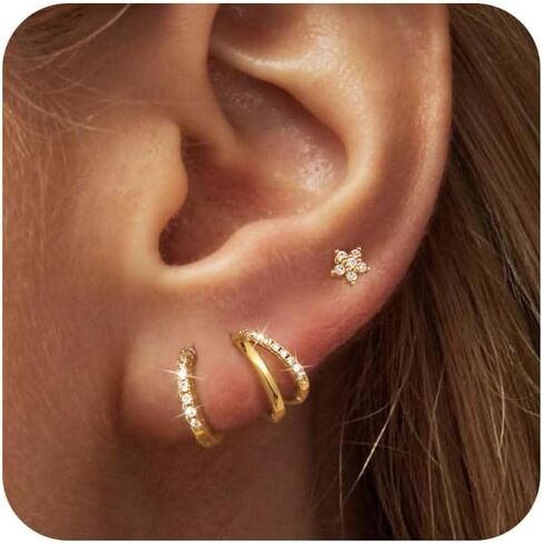 Gold Hoop Earrings for Women, 14K Gold Plated Hypoallergenic Cubic Zirconia Earrings Trendy Small Dainty Gold Hoops Earrings Set Jewelry Multiple Piercing Gifts for Women in Saudi Arabia