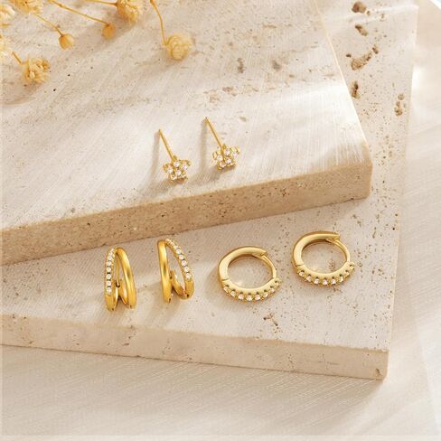 Gold Hoop Earrings for Women, 14K Gold Plated Hypoallergenic Cubic Zirconia Earrings Trendy Small Dainty Gold Hoops Earrings Set Jewelry Multiple Piercing Gifts for Women in Saudi Arabia